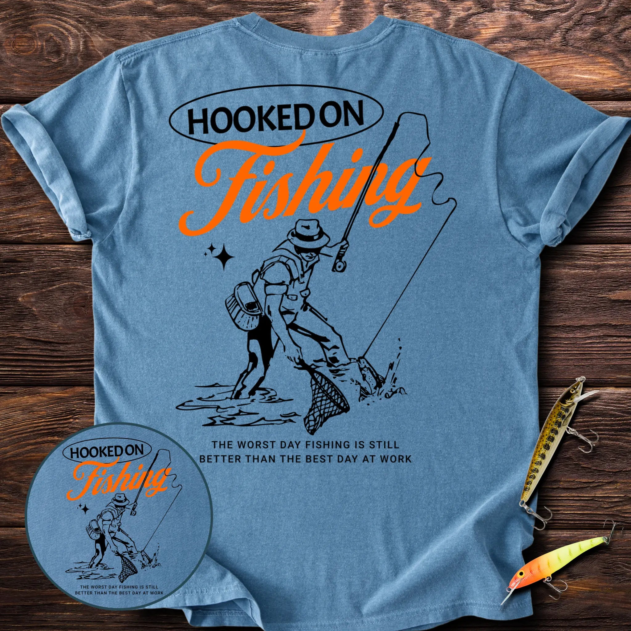 Hooked On Fishing Back Print T-Shirt